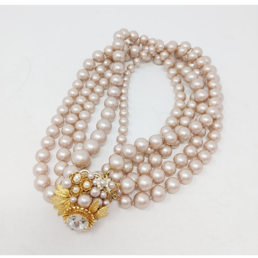 Miriam Haskell Faux Pearl Crystal Cluster Necklace